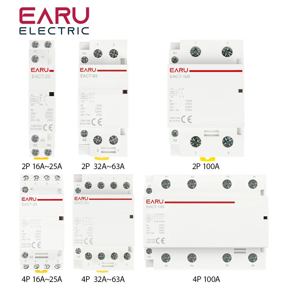 2P/4P 16-100A AC 110V/220V DC 12V/24V 50/60Hz Din Rail Household AC Modular Contactor Switch Controller DIY Smart Home Hotel