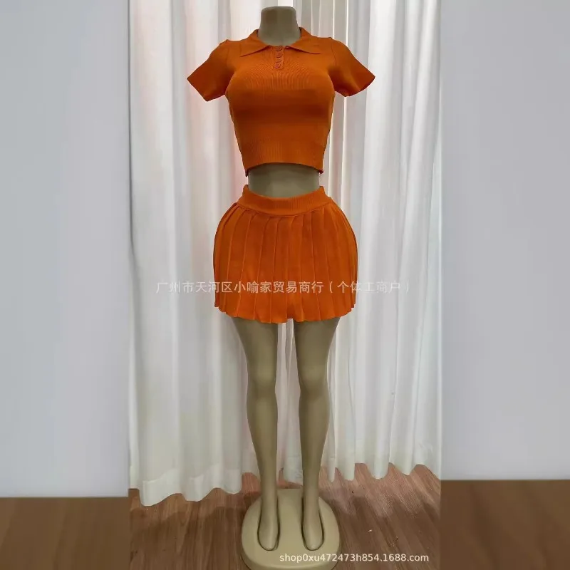 Knitted Women 2 Piece Set Solid Lapel Neck Short Sleeve Crop Top Pleated Mini Skirts Matching Set 2024 Summer Streetwear Outfits