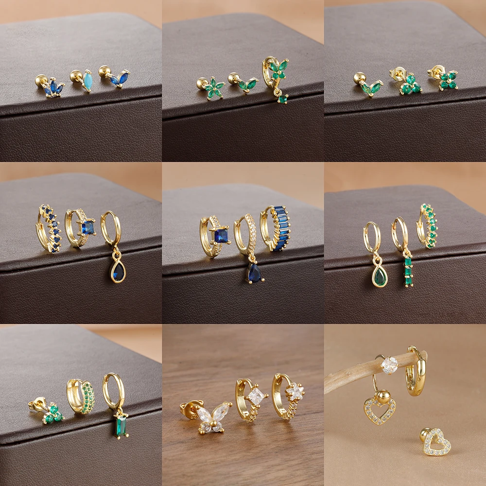 3PCS Edelstahl Huggies Hoop Ohrringe Set Für Frauen Einfache Kristall Zirkonia Anhänger Wasser Tropfen Ohrringe Piercing Schmuck