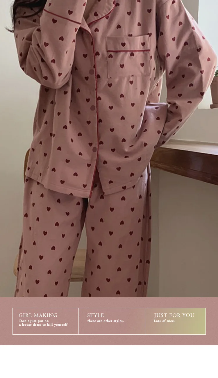 Women\'s Pajamas Set Spring Summer 2 Piece Heart Print Pyjama Pocket Buttons Down Sleepwear Long Sleeve Pijama Mujer Pjs Homewear