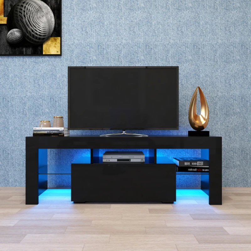 Black TV Stand with LED RGB Lights,Flat Screen TV Cabinet, Gaming Consoles - in Lounge Room,Black