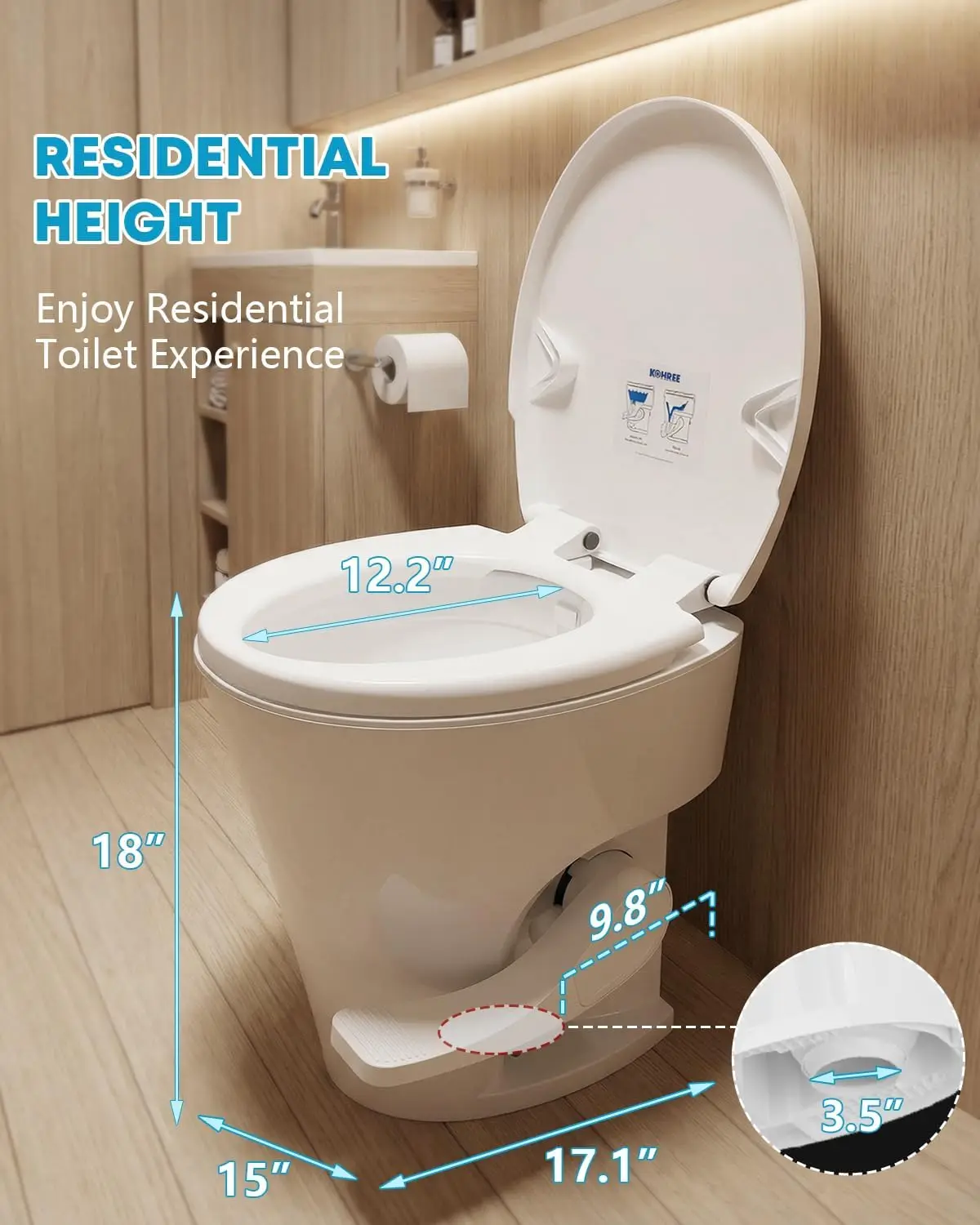 RV Toilet, 18.5” Residential Height, Soft Close Seat & Cover, Deeper Bowl & Longer Seat, Universal Fit for RV Motorhomes Campers - view 5