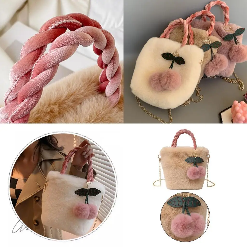 

D46D 2023 Crossbody Shoulder Bag Fashion Chain Bag with Cherry Pendant Versatile Bucket Bag for Girl Women Trendy Plush Bag