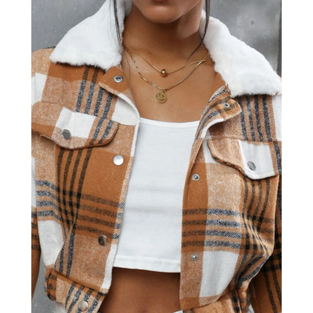 Women Fluffy Turn-down Collar Covered Button Short Jacket Autumn Long Sleeve Coat Outfits Winter Clothing