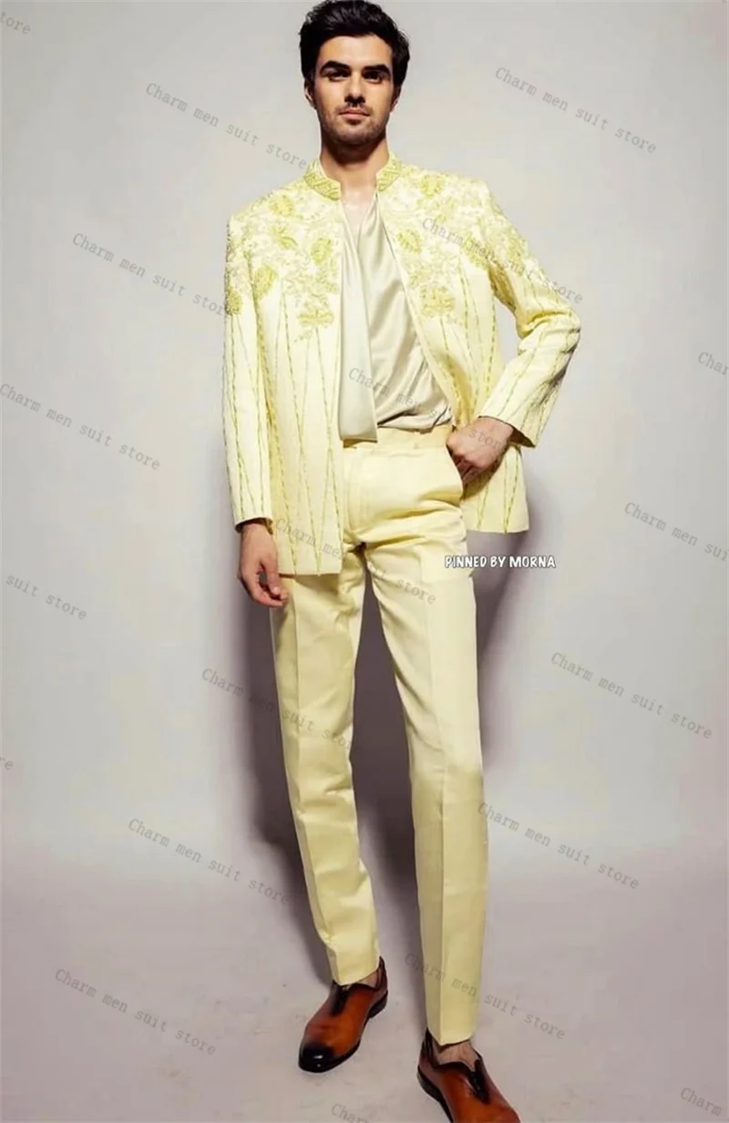 

Yellow Men Suit Set 2 Piece Crystals Blazer+Pants Trousers Customized Formal Business Office Jacket Groom Wedding Tuxedos Coat