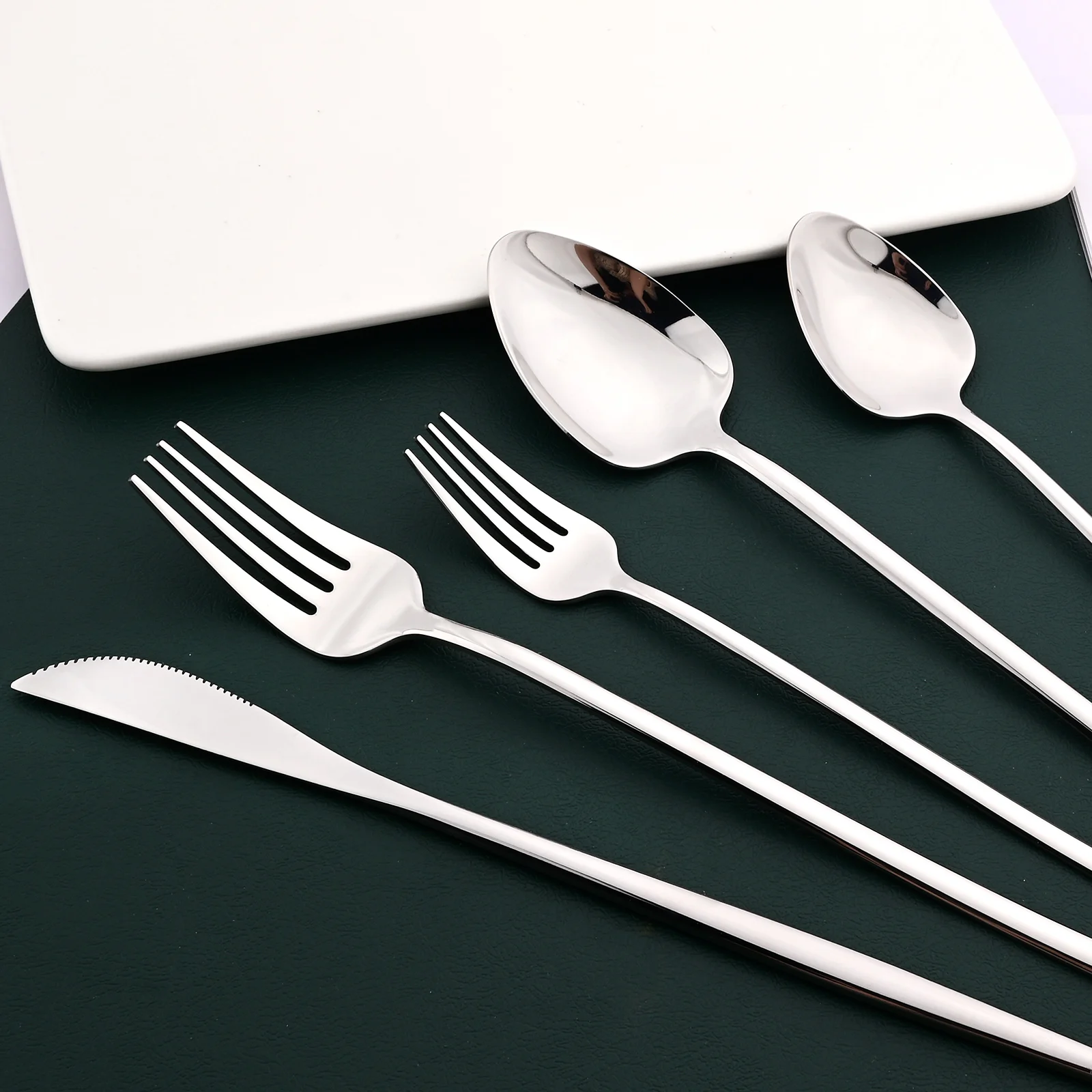 Mirror Silver 6Pcs Dinnerware Set Knife Dessert Fork Teaspoon Tableware Kitchen Cutlery Set 18/10 Stainless Steel Flatware Set