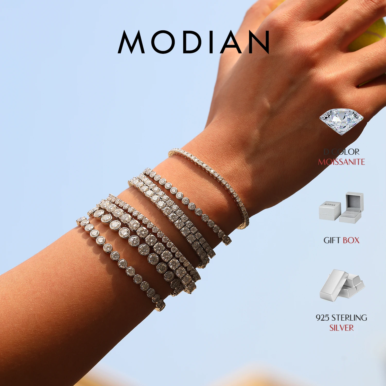 MODIAN D VVS1 Moissanite Tennis Bracelet 925 Sterling Silver Single Row Classic with Box Bracelets for Women Man Fine Jewelry