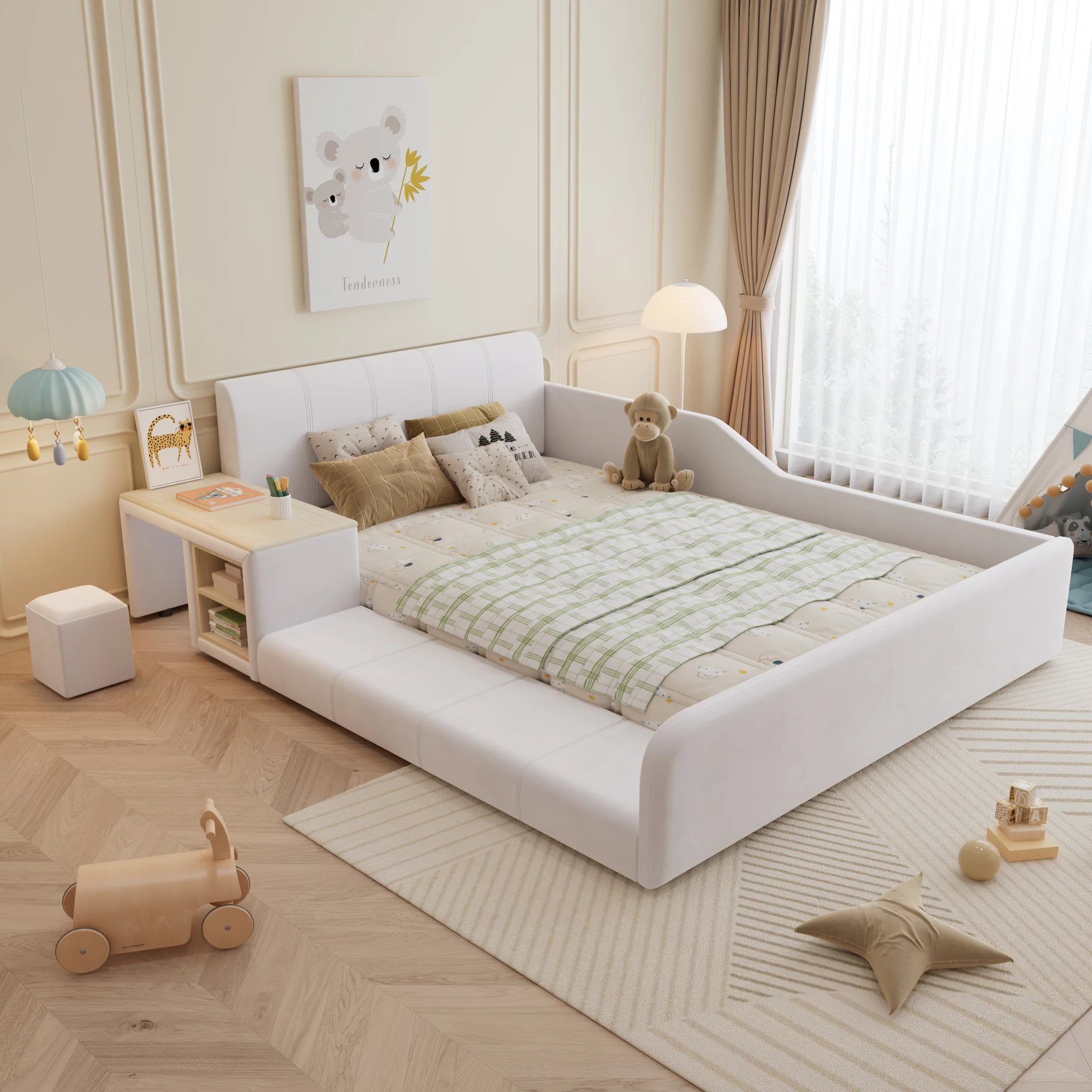 Lit superposé 90x200 cm, avec échelle et toboggan, robuste, pour chambre d'enfant, gain de place, bois naturel, matelas non inclus