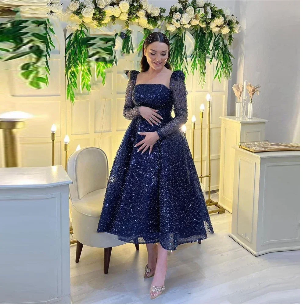 Elegant blue and black shiny party dress for pregnant women square collar long sleeve Arab birthday formal occasion قفطان مغربي