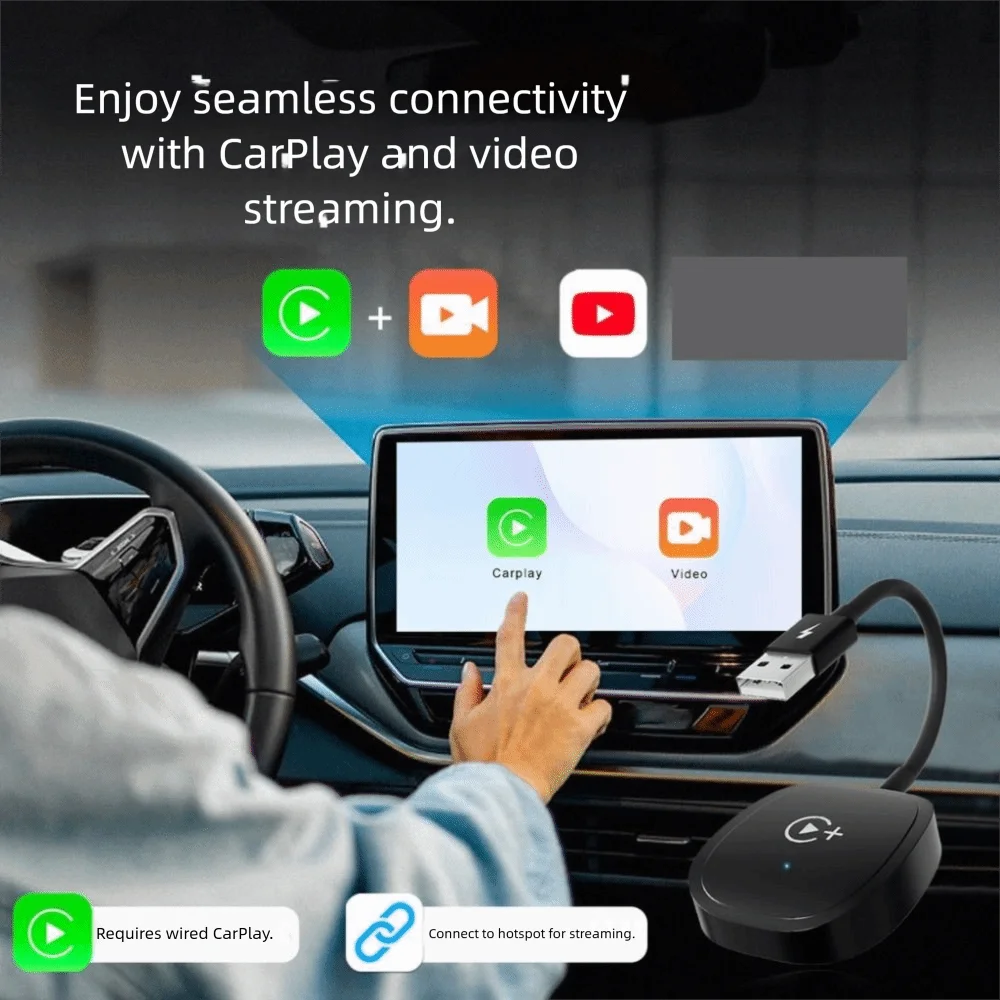 تحويل المصنع السلكي اللاسلكي لـ CarPlay Dongle مع Netflix/YouTube HDMI Wireless لـ CarPlay Dongle مثبت على السيارة باللون الأسود