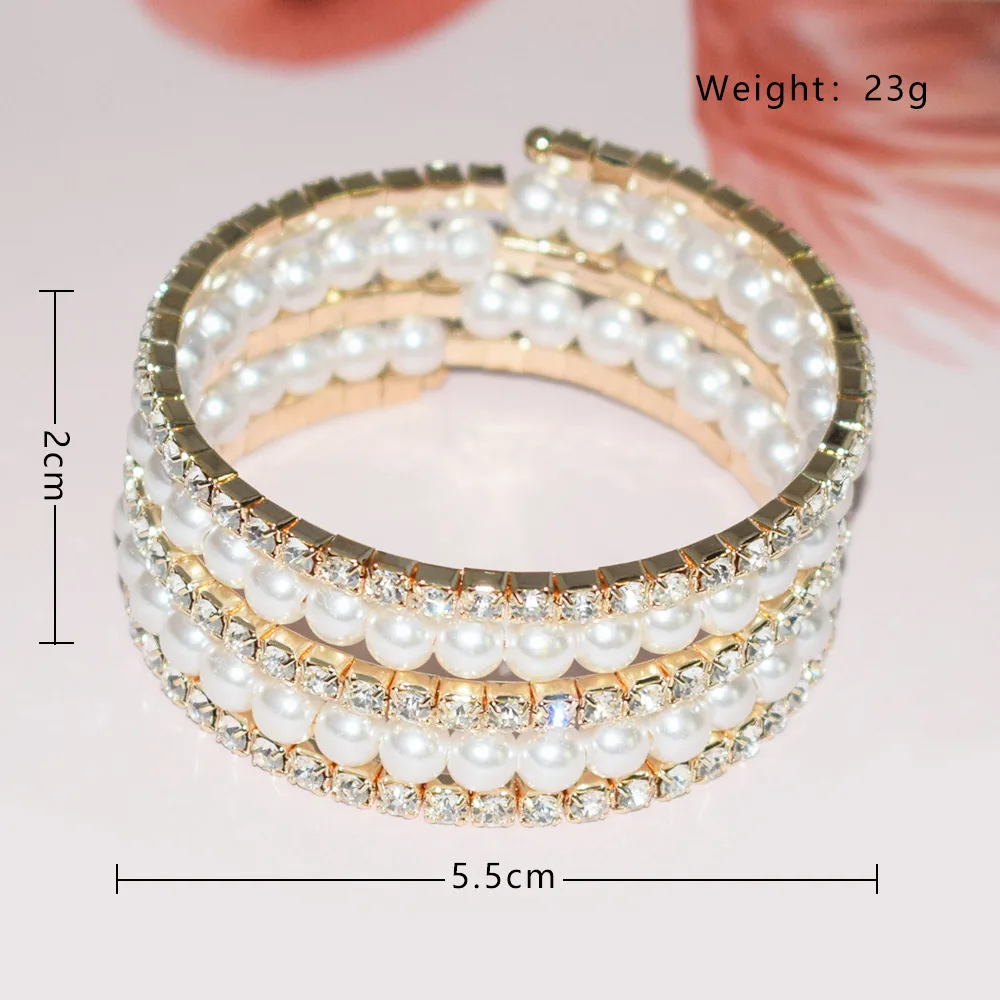 Fashion Multilayer Rhinestone Pearl Cuff Bangle Bracelet Crystal Pearls Opening Charm Bracelets For Women Wedding Bridal Jewelry