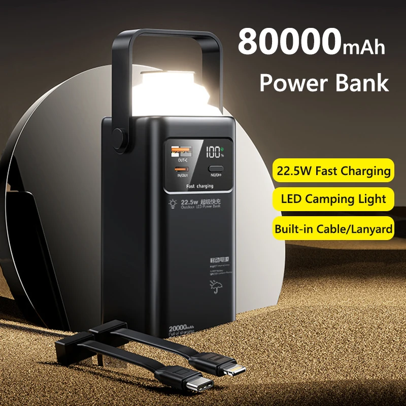 

Портативный внешний аккумулятор емкостью 80000 мАч, внешний аккумулятор большой емкости со светодиодной лампой для iPhone 16, Huawei, Xiaomi, Samsung