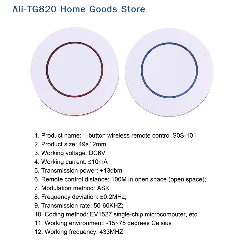 

[TG820]6V 433Mhz Wireless Remote Control 1 Button Round Remote Control Switch Feel Free To Paste EV1527 Chip Learning Type