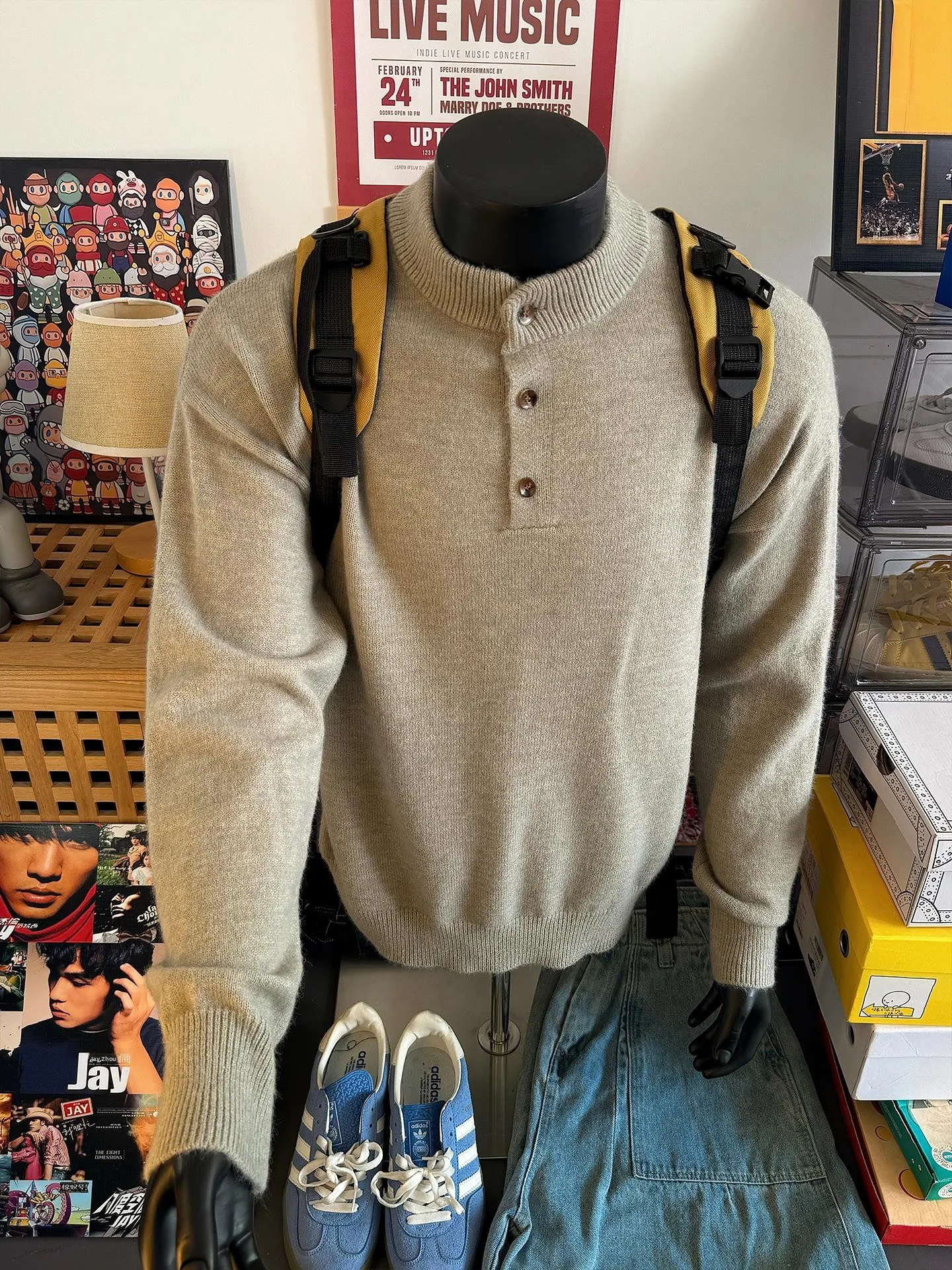 

Трикотаж с воротником Генри в американском стиле ретро, мужская свободная верхняя одежда, элитный свитер с ленивым рукавом, осенне-зимний трендовый бренд