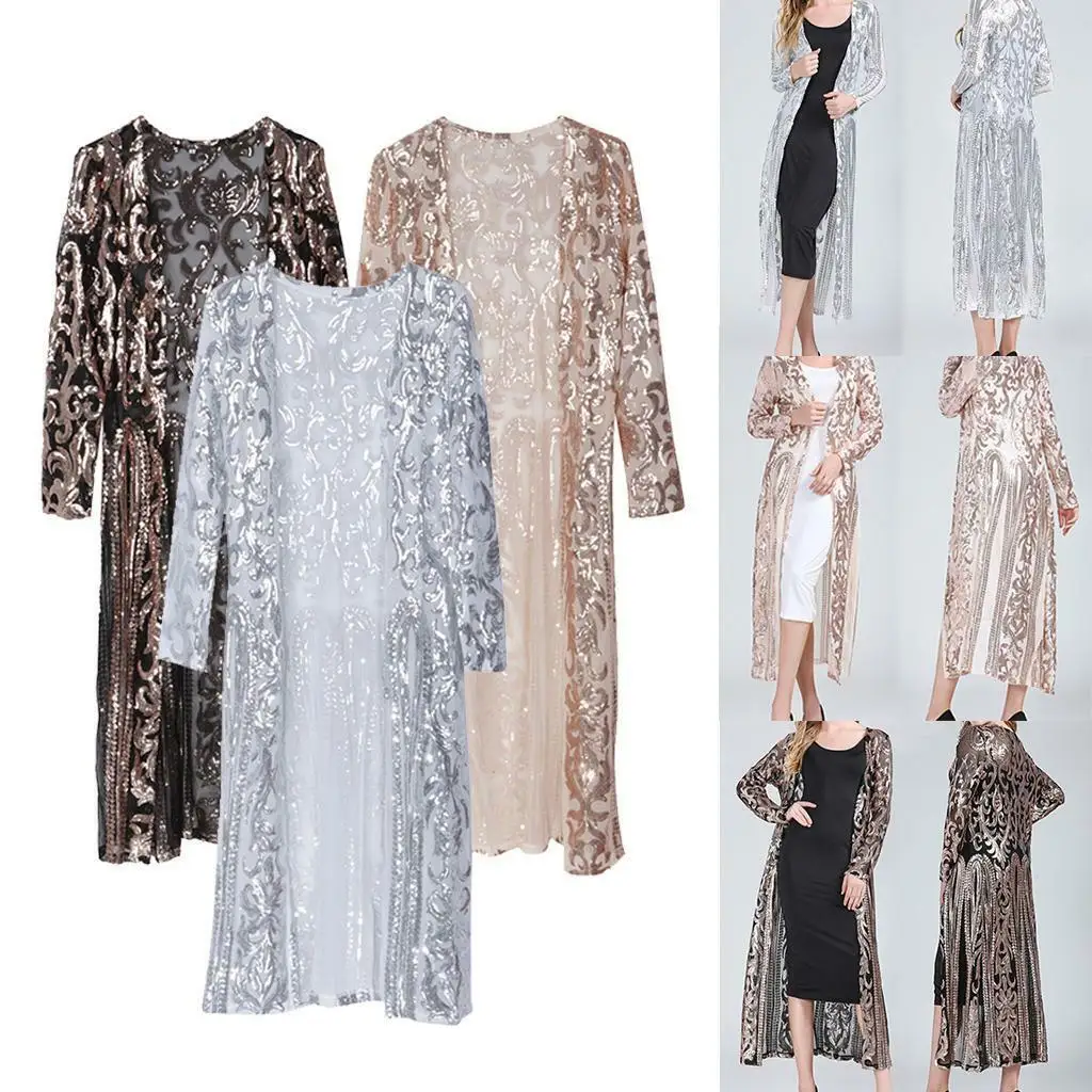 Womens Long Sequin Open Front Cardigan Coat Mesh Sheer Jacket Tops for Party