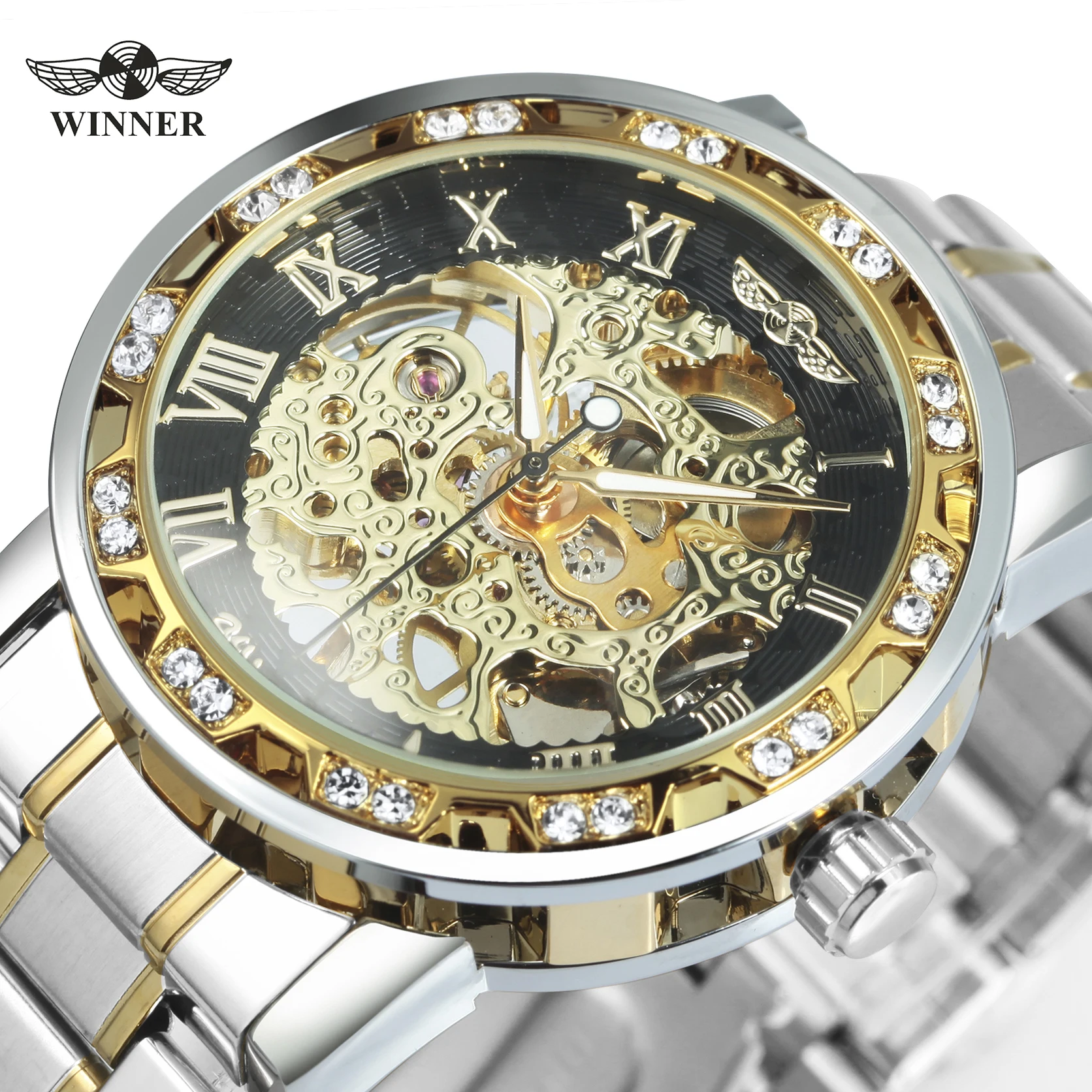ساعة ميكانيكية كلاسيكية شفافة بهيكل عظمي من WINNER للرجال ماركة فاخرة مثلج خارج ساعات رجالي عتيقة بحزام من الفولاذ المقاوم للصدأ