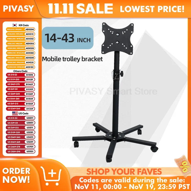ユニバーサルテレビトロリーフロアスタンド高さ調整可能な非パンチングLCDモニタースタンド14インチ-43インチポータブルローリングテレビホルダー用
