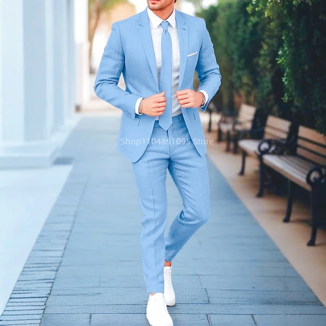 

Летние льняные комплекты из 2 предметов бежевого/синего цвета, мужские костюмы, куртка с лацканами, приталенный смокинг для жениха, пиджак, брюки, комплекты для свадебной вечеринки, мужская одежда