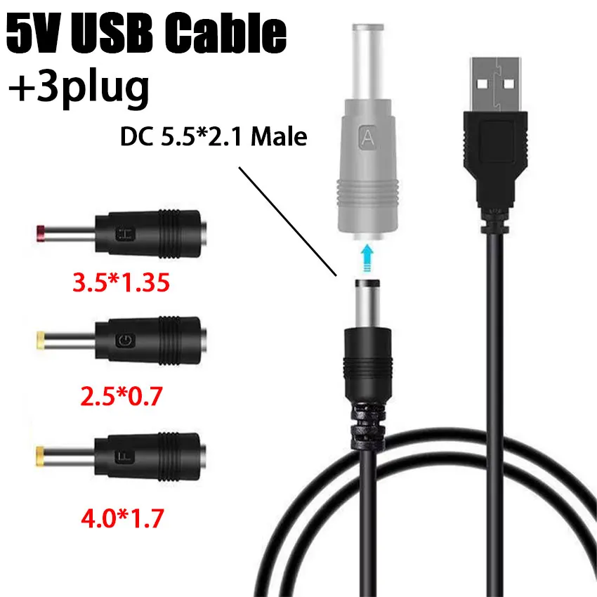 

Universal Power Cable USB to DC 5.5 * 2.1mm Jack 5V Charging Cord with 3/8 Selectable Connector Tips