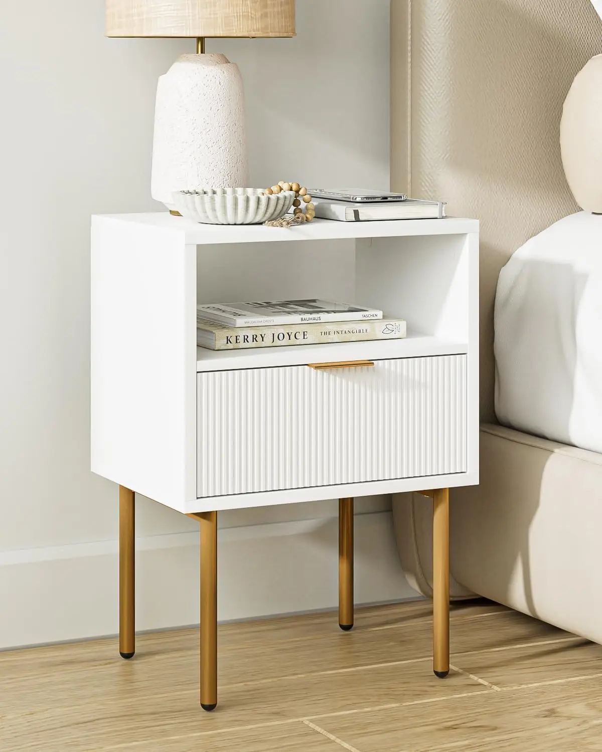 

Nightstand, Modern Bedside Table with 1Drawer and Open Shelf,White Night Stand with Gold Metal Frame, Small Side Table for Be