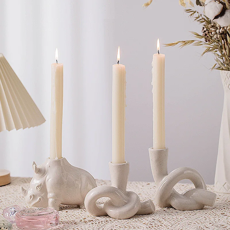 Nordic Creative Knot Candlestick Light Grey Polished Animal Rhino Ceramic Candle Holder Modern Wedding Home Tabletop Decorative