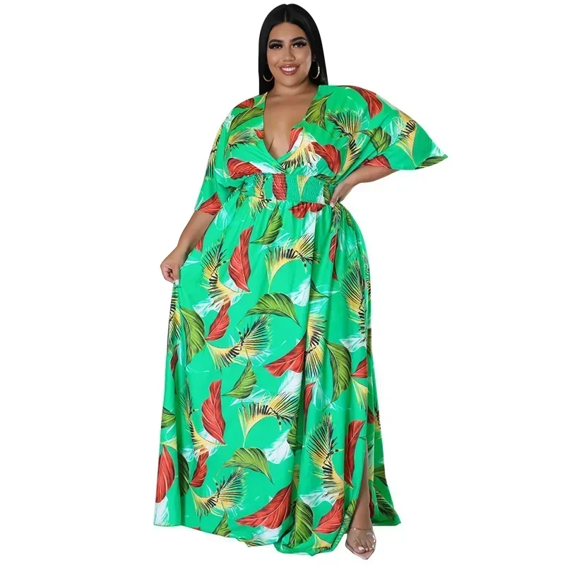 MY967- European and American plus size women's clothing 2025 summer new product deep V-neck printed multi-color dress, fat MM