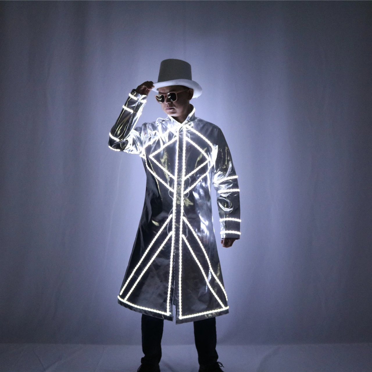 

LED Stage Costume Men Lights Up Clothing Long Jacket Party Nightclub Rave Outfit Gogo Dancer Coat Hat Halloween Cosplay Bar Wear