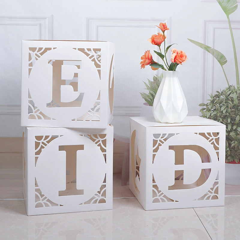 

Eid Mubarak White Box Hollow EID Letter Paper Box Ramadan Kareem Favors Gift Box Islamic Muslim Party Balloon Accessories Decor