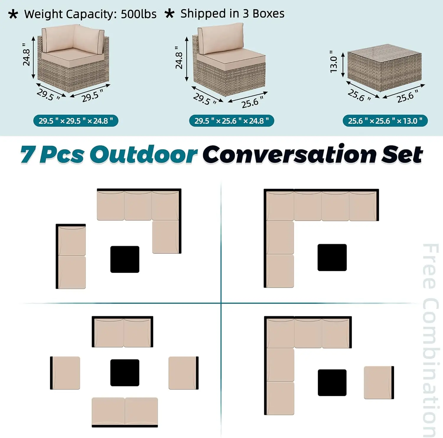 Patio Conversation Sets High Back All-Weather Rattan Sectional Sofa with Tea Table&Washable Couch Cushions