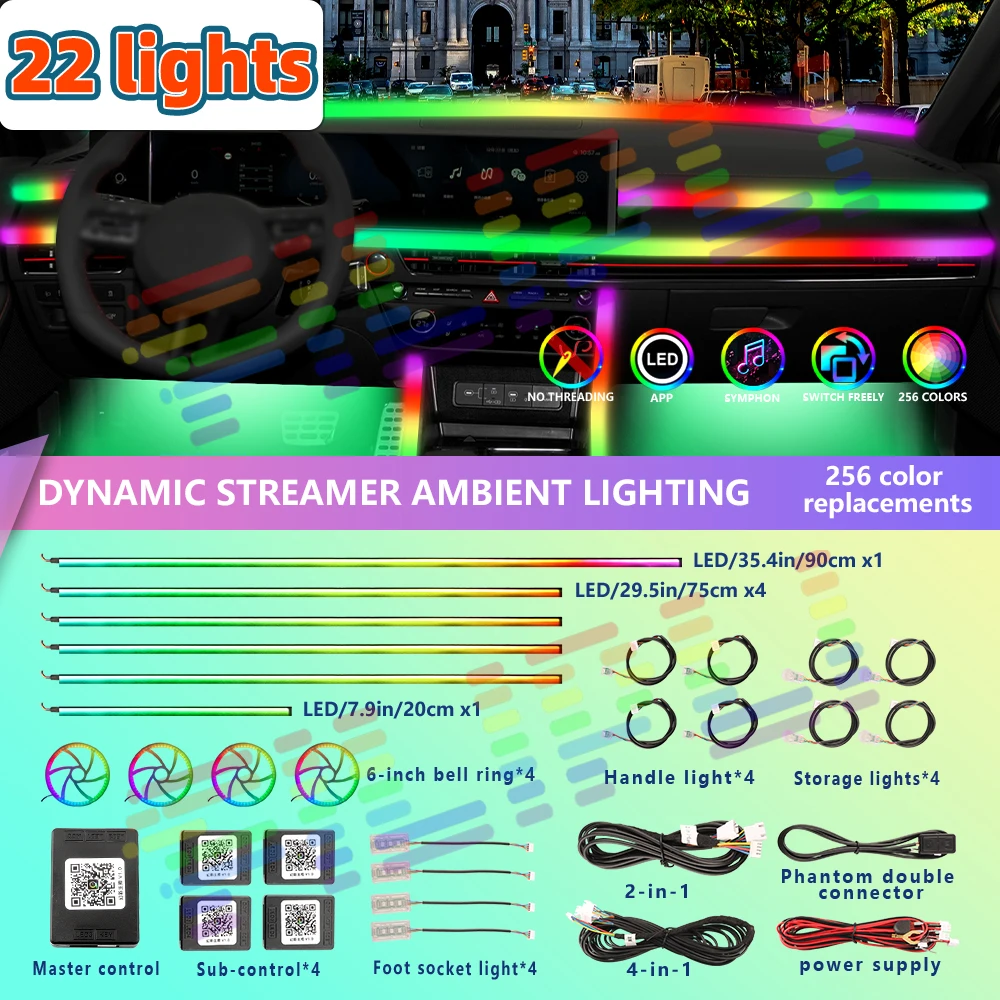 

Интерьер автомобиля, 64 RGB окружающей среды, управление через приложение, автомобильная симфония, атмосфера, универсальные акриловые световые полосы, Радужное освещение, 22 в 1