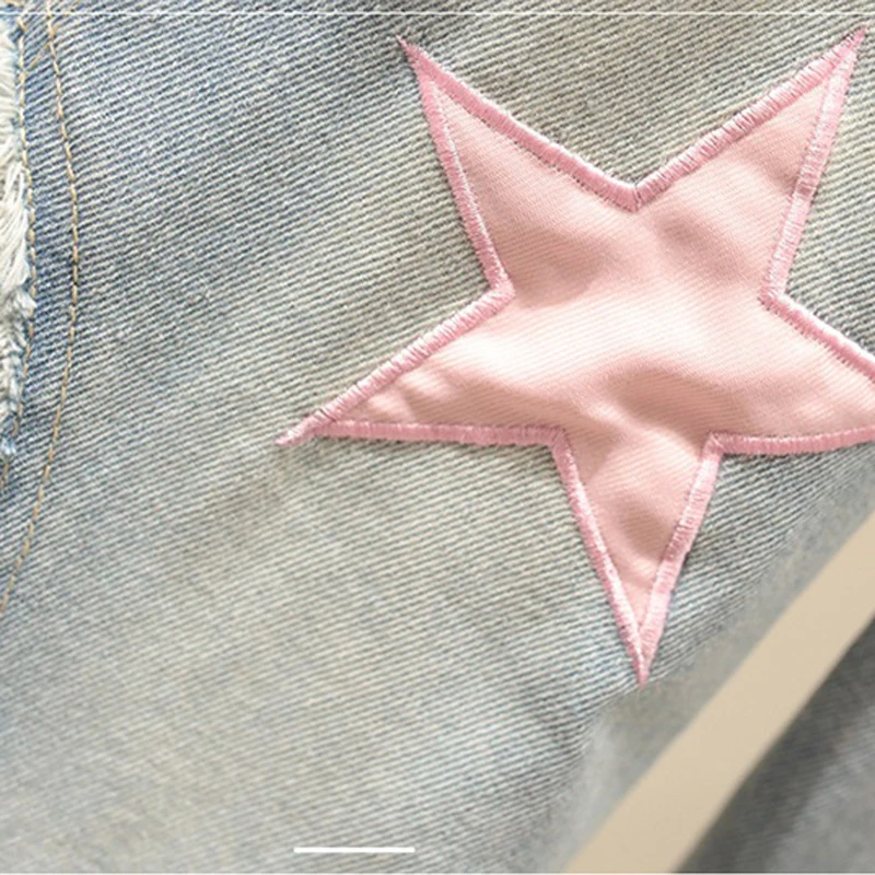 New Summer Girls Clothing Sets Spring Mid size Girls\' Fashion High Waist Tight Short Sleeve+Spliced Bow Jeans Children Clothes