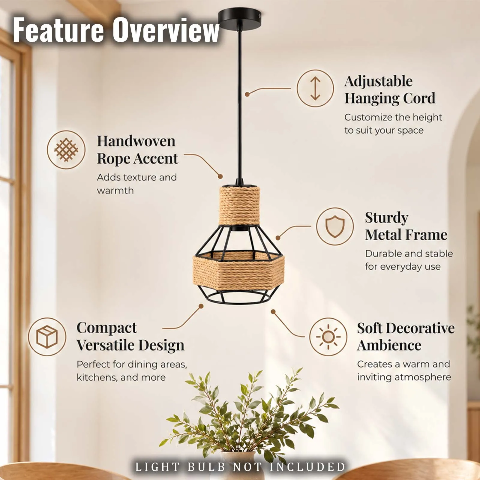 Hanging Lamp, Black Diamond Cage Jute Rope, Open Frame, E27, Farmhouse, Boho, Cafe Bar Kitchen