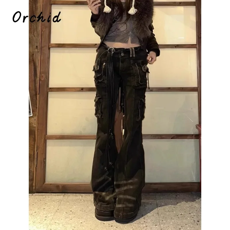 Kadın Kore Moda Tomboy Kot Grunge Japon Harajuku Gyaru Y2K Denim Kargo Pantolon Cyber Punk 2000 s Estetik Pantolon