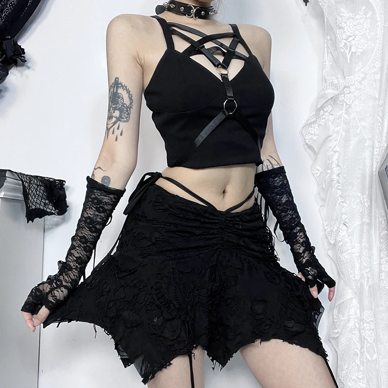 Y2K Goth Black Holes Lace-up Mini Skirts Sexy Vintage Folds Irregular Bodycon Short Skirts Women New Fashion Summer Streetwear