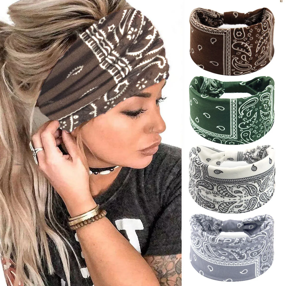 Boho Flower Print Headbands Women Wide Twist Knotted Head Bands Elastic Non-Slip Hair Bands Vintage Yoga Head Wraps Turbans