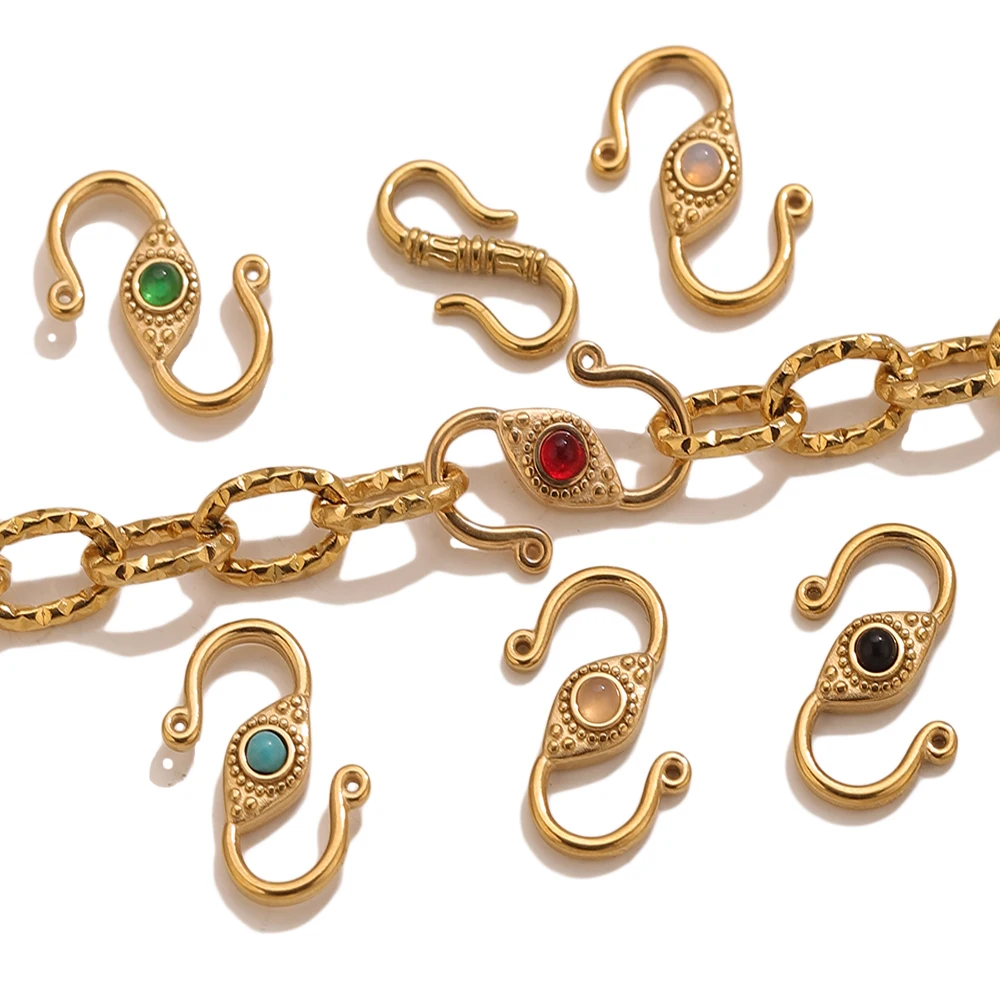 

6PCS 18K Gold Plated Gem-Inlaid S-Hook Jewelry Clasps Stainless Steel Multi-Color Gemstone Necklace Bracelet Connectors Clasps