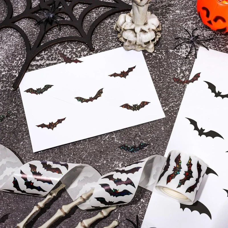 500 Stück Halloween-Fledermaus-Aufkleber-Rolle, Laser-Schwarze Fledermäuse, Wasserfeste Glitzer-Selbstklebende Aufkleber für Halloween-Scrapbook-Partydekoration – Detail 6