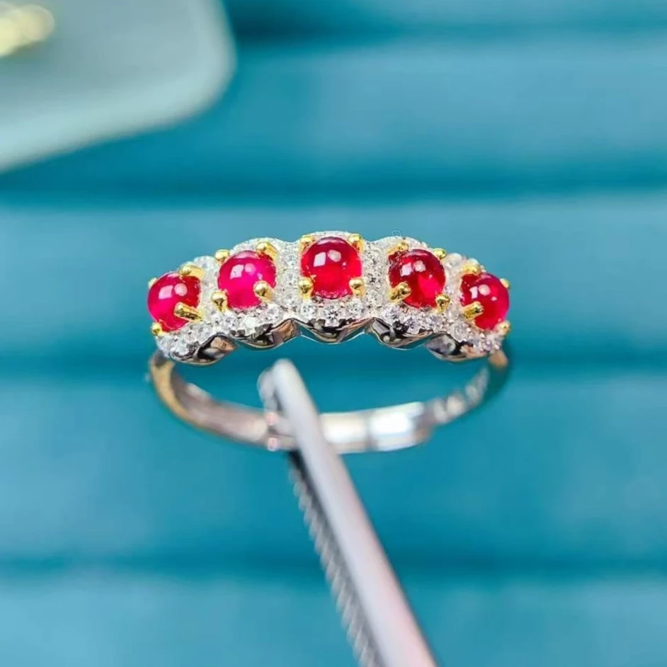 Natural Ruby Ring with Certificate 925 Sterling Silver, 3x3mm Round Cabochon Cut Gemstone Band Sterling Silver Ruby Jewelry