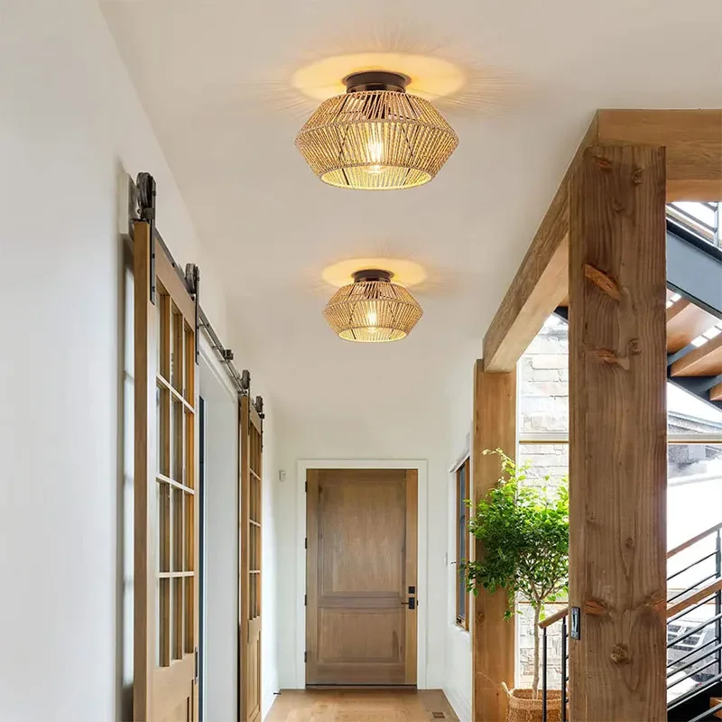 Ceiling Light Modern Home Decoration Light Fixture Rattan Ceiling Lamp E27 LED Lights Hand Woven Bedroom Hanging Lamp