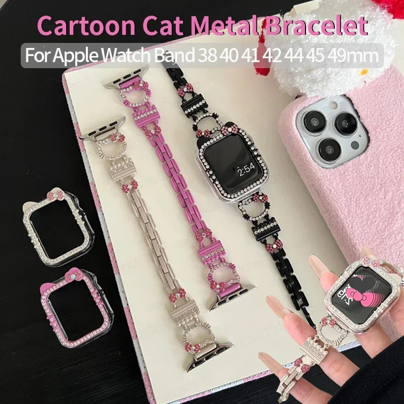 Bling Diamond Strap for Apple Watch Accessories 40mm 45mm 44mm 42 46 49 Cartoon Cat Metal Bracelet for IWatch Band 10 9 8 7 6 SE