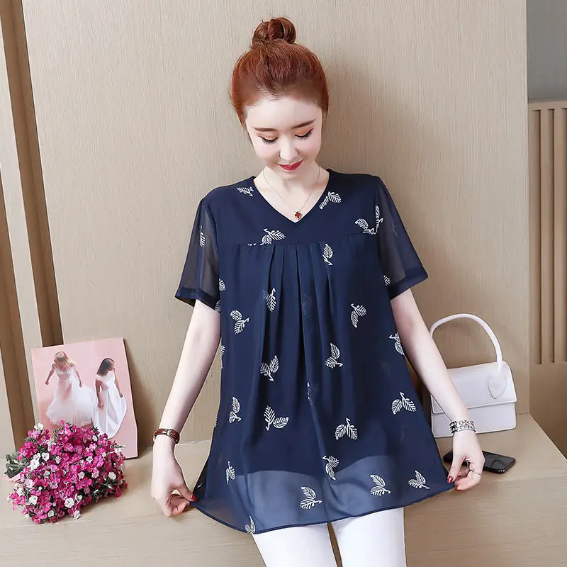 Summer New Thin Chiffon Floral Loose Shirt Tops O-Neck Short Sleeve Printing Plus Size Blouse Vintage Fashion Women Clothing