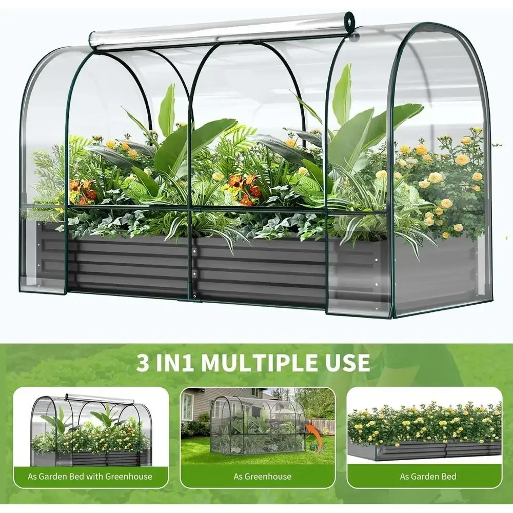 Raised Garden Bed with PVC Cover, 72.8 x 37.4 x 47.2 - Metal Planter Box with Roll-Up Window for Mini Greenhouse or Outdoor Vege