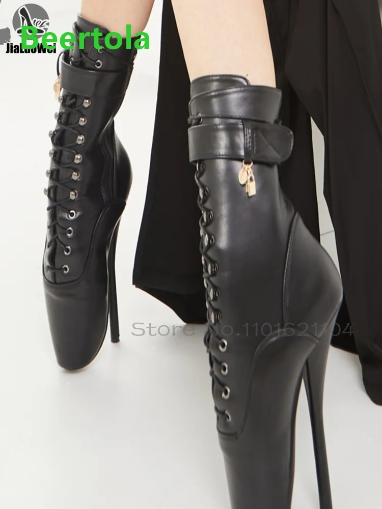 Super Thin High Heel Strange Toe Boots For Women Lace-up Metal Lock And Key Design Ankle High Fashion Runway Big Size Shoes