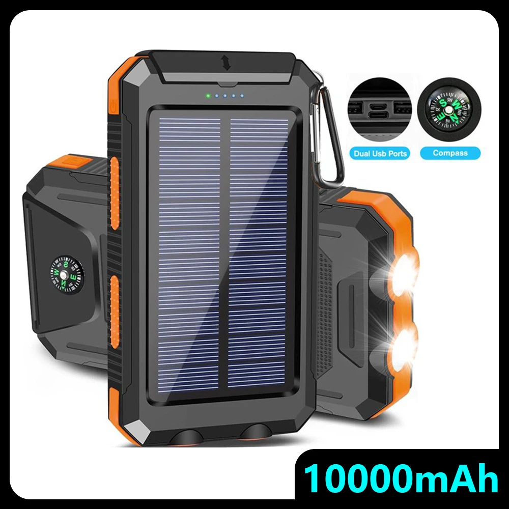 10000mAh Solar Power Bank – Portable External Battery Charger with Strong LED Light for All Smartphones