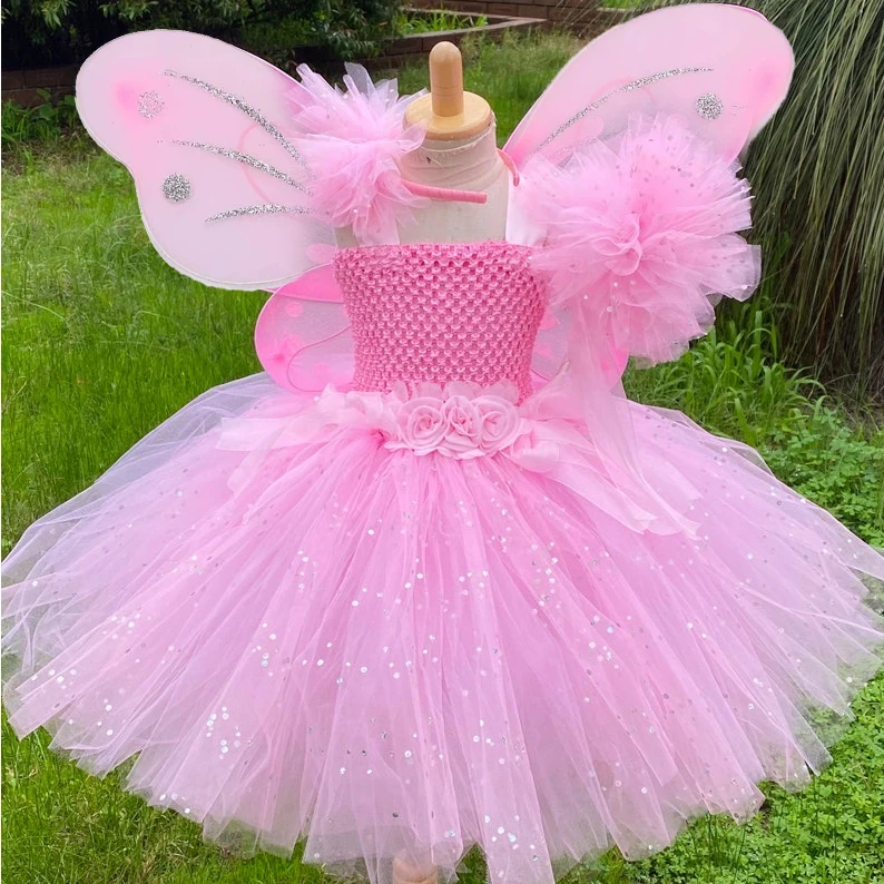 Abito da fata rosa per ragazze, tutù glitterato per bambini, abiti a fiori con ala e fiocco per capelli, compleanno per bambini, costumi per feste di Halloween