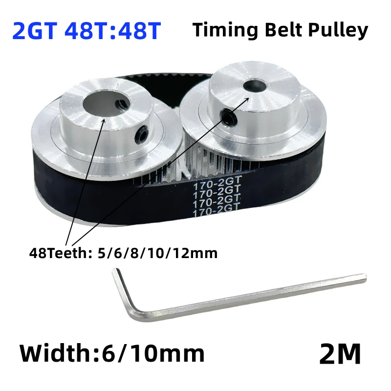 

48T 2GT Timing Belt Pulley Set Reduction Ratio 1:1 Transmission Component 48Teeth+48T+Belt Belt Width 6/10mm Pulley Bore 5-12mm