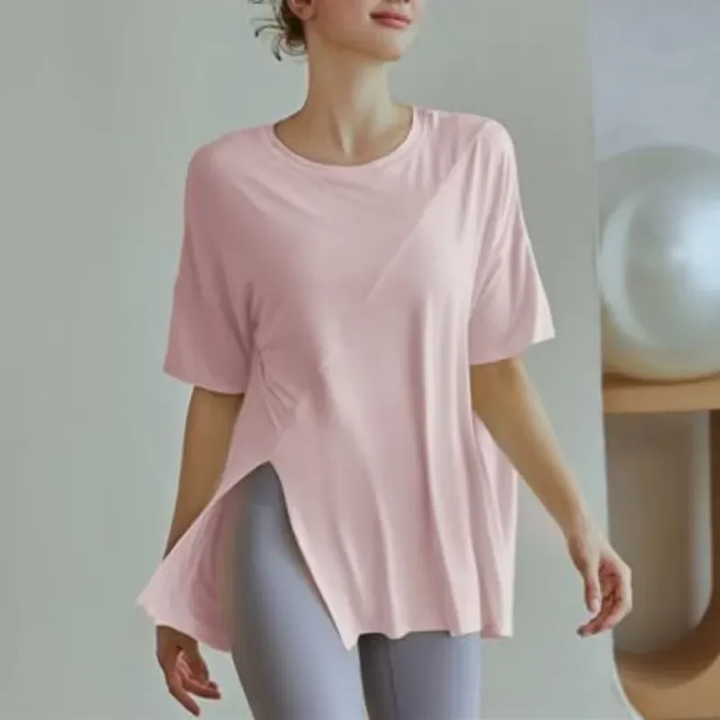 Women Quick Dry Running T Shirt Loose Split Short Sleeve Yoga Tops Fitness Gym Workout Athletic Sportswear Summer Casual