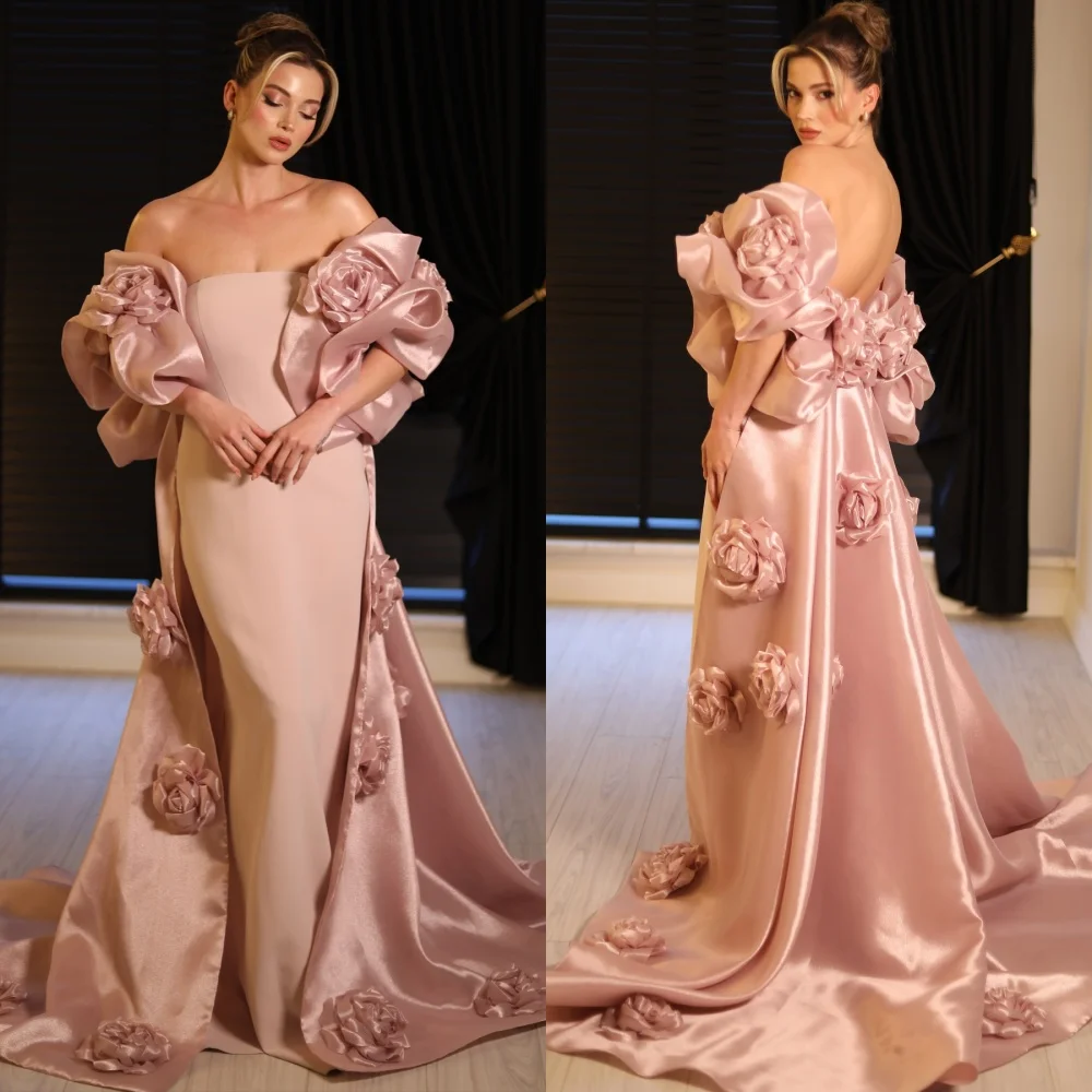 

Customized Exquisite Charmeuse Flower Pleat Straight Off-the-shoulder Long Dresses Bespoke Occasion Retro