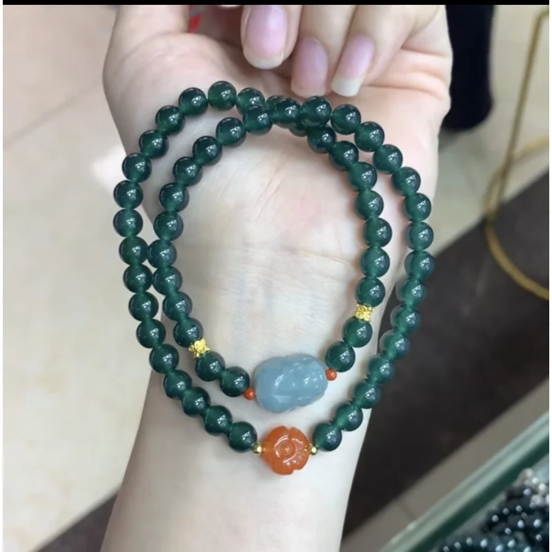 Natural Jadeite A-Grade Design Double-Loop Bracelet with Red Agate and S925 Silver