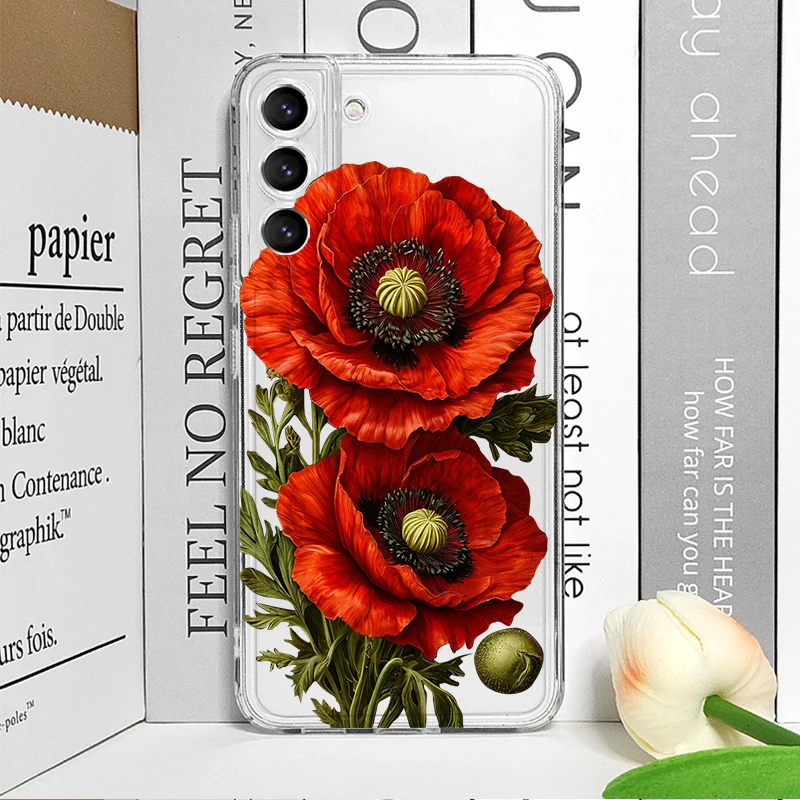 Poppy Flower Bloom Hot Red Floral Print Clear Phone Case for Samsung A14 A16 A36 A55 A54 A53 A52 A51 A50 A15 A22 A71 Soft Cover - view 5